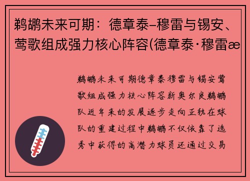 鹈鹕未来可期：德章泰-穆雷与锡安、莺歌组成强力核心阵容(德章泰·穆雷潜力)